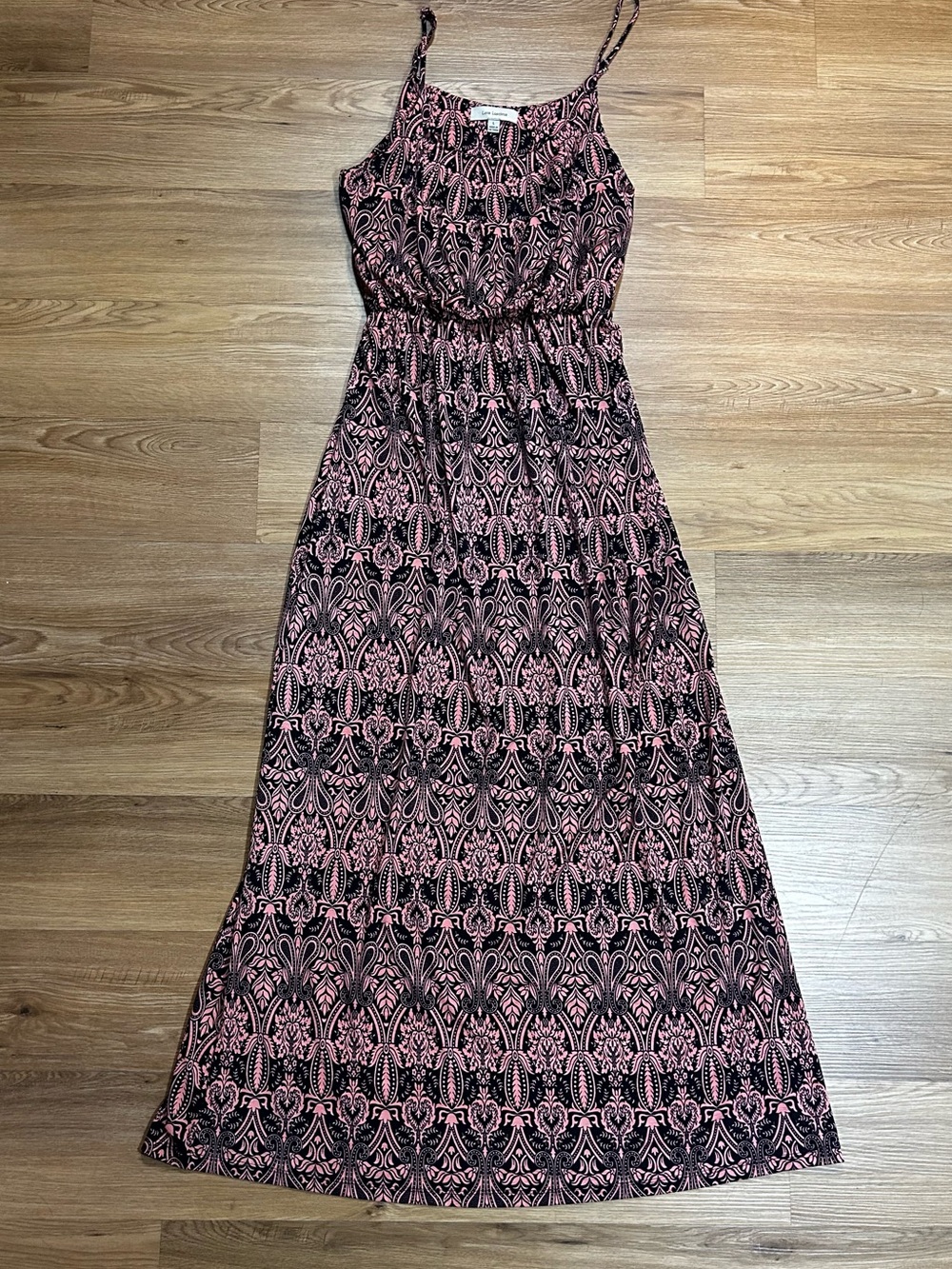 Love Luscious Black Pink Paisley Maxi Dress Large Boho Strappy Sundress